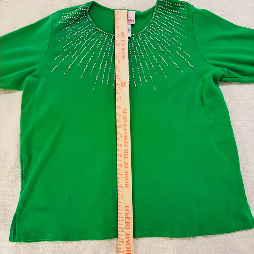 Quacker Factory Vibrant Green Long Sleeve w/ Starburst Top Women’s Large Cotton - Picture 6 of 10